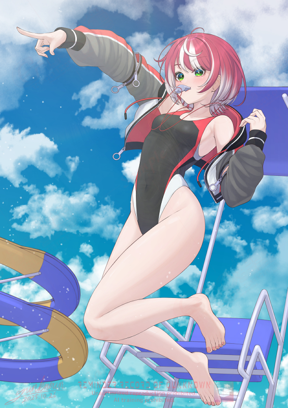 1girl, barefoot, black_one-piece_swimsuit, blue_sky, chair, cloud, colored_inner_hair, commentary_request