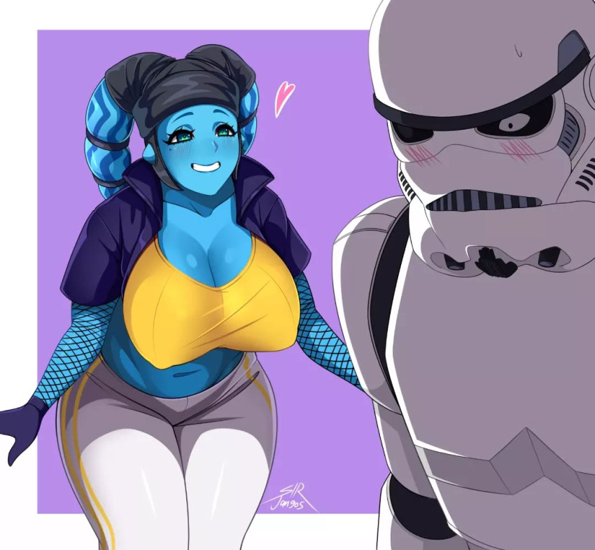 1boy, 1girl, alien, artist_name, black_gloves, black_jacket, blue_eyes, blue_skin, blush, breasts, cleavage, colored_skin, covered_erect_nipples, fishnet_sleeves, fishnets, galactic_empire_(star_wars), gloves, heart, jacket, large_breasts, midriff, mole, mole_under_eye, pants, shiny_skin, simple_background, sir_jangos, smile, star_wars, stormtrooper, sweatdrop, tank_top, twi'lek, white_pants, yellow_tank_top