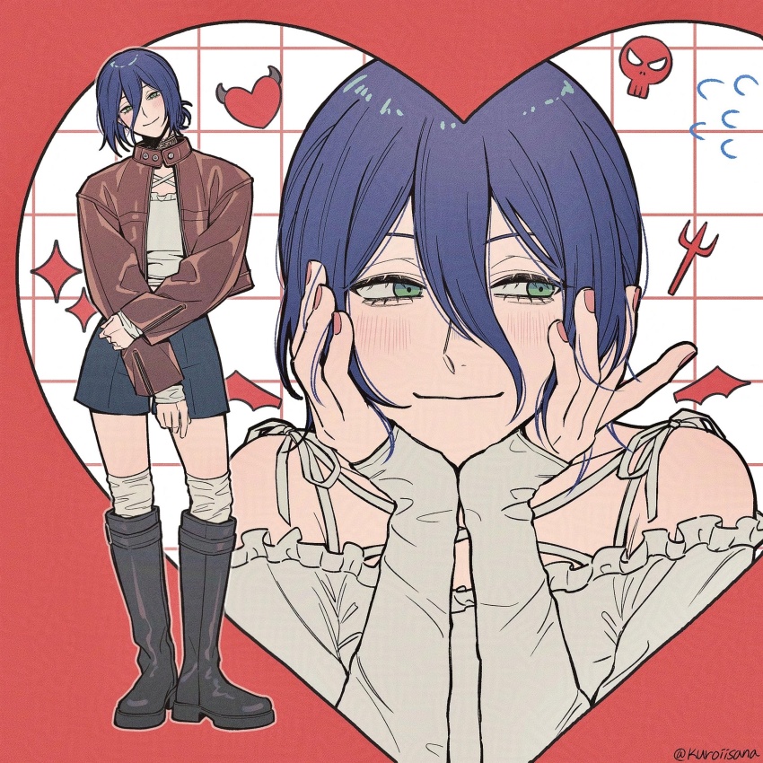 1girl, absurdres, black_boots, black_shorts, blue_hair, boots, border, brown_jacket