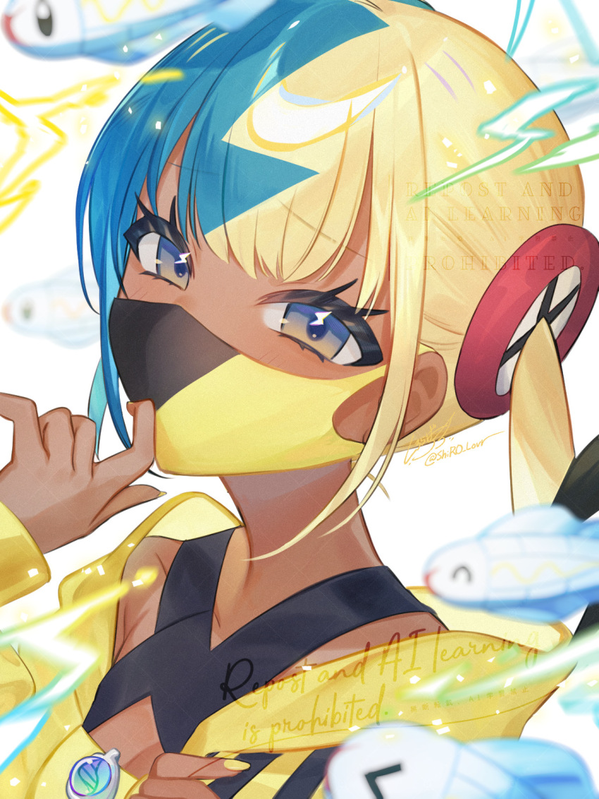1girl, bandeau, blue_eyes, breasts, canari_(pokemon), cleavage, commentary_request, eyelashes