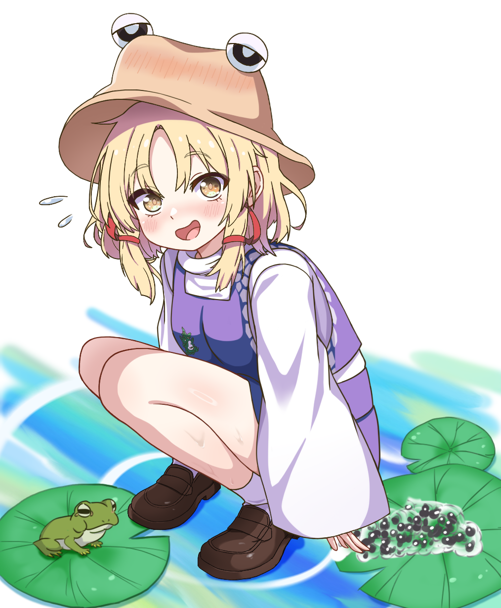 1girl, black_eyes, blonde_hair, blush, breasts, brown_shoes, commission, day, egg_laying, flying_sweatdrops, frog, frog_egg, hair_ribbon, half-closed_eyes, hat, highres, horizontal_pupils, lily_pad, long_sleeves, looking_at_viewer, medium_hair, moriya_suwako, open_mouth, outdoors, pixiv_commission, pyonta, ribbon, shoes, sidelocks, small_breasts, socks, solo_focus, squatting, touhou, water, white_socks, yellow_eyes, yige_lurenjia