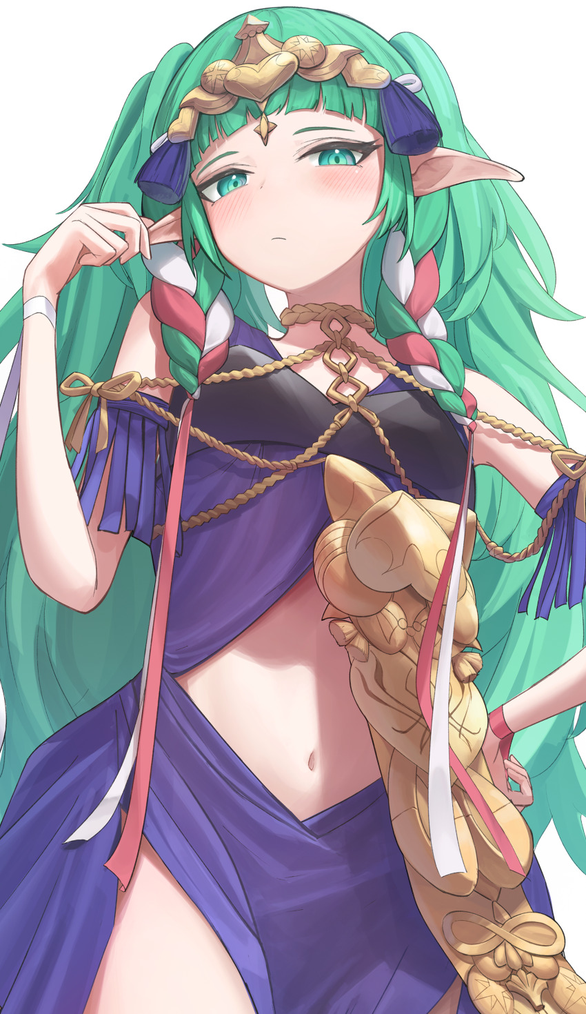 1girl, :/, absurdres, blue_dress, blunt_bangs, blush, braid, braided_sidelocks