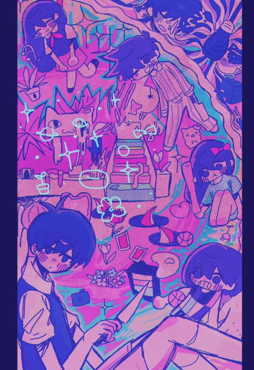 2girls, 4boys, absurdres, antenna_hair, aubrey_(headspace)_(omori), aubrey_(omori), ball, barefoot