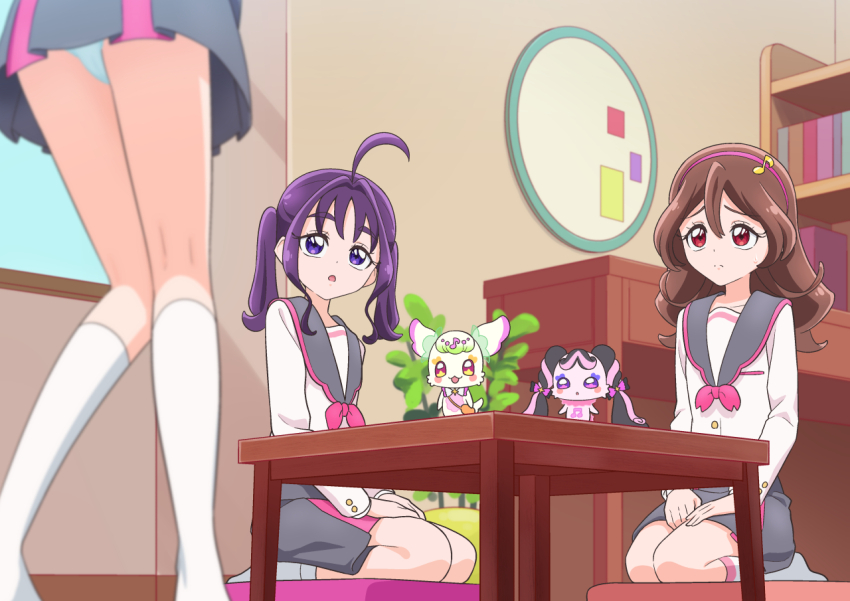 3girls, :o, ahoge, aqua_panties, character_request, choppy_bangs, closed_mouth, commentary_request, cushion, dot_nose, double-parted_bangs, fairy, fortissimo, frown, grey_sailor_collar, grey_skirt, hair_between_eyes, hair_ornament, hairband, huge_ahoge, indoors, kimi_to_idol_precure, long_bangs, long_hair, long_sleeves, looking_at_another, medium_hair, meroron_(fairy)_(precure), multiple_girls, musical_note, musical_note_hair_ornament, no_shoes, panties, pantyshot, parted_lips, pink_hairband, pleated_skirt, precure, purirun_(fairy)_(precure), purple_eyes, purple_hair, raised_inner_eyebrows, red_eyes, sailor_collar, sakura_uta_(precure), school_uniform, seiza, serafuku, shigure_kokoro, shirt, sitting, skirt, socks, split_mouth, standing, table, tiler_(tiler00), twintails, underwear, upskirt, white_shirt, white_socks, wooden_table, zabuton