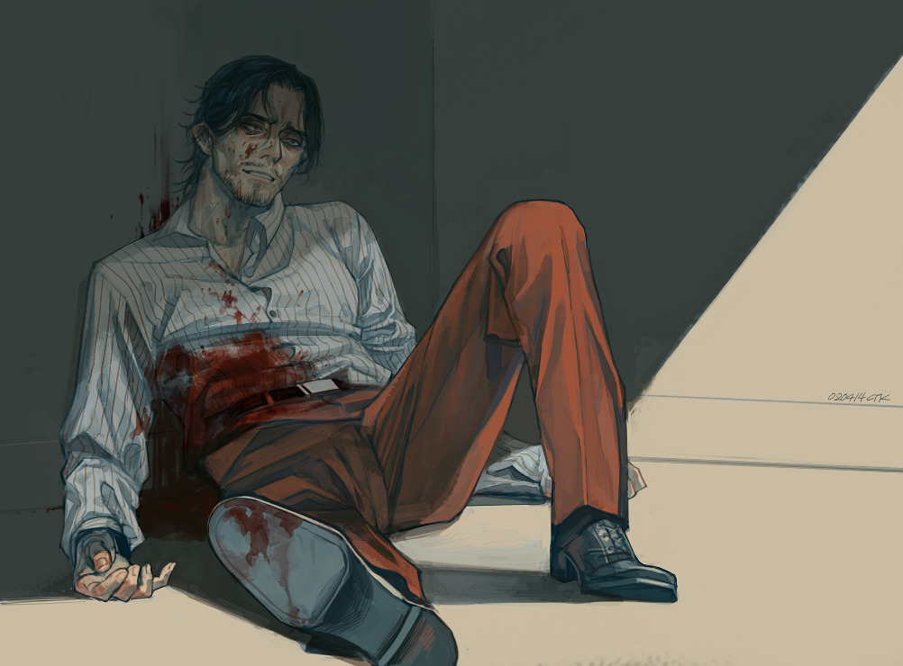 1boy, against_wall, beard, beard_stubble, black_hair, black_shoes, blood, blood_on_clothes
