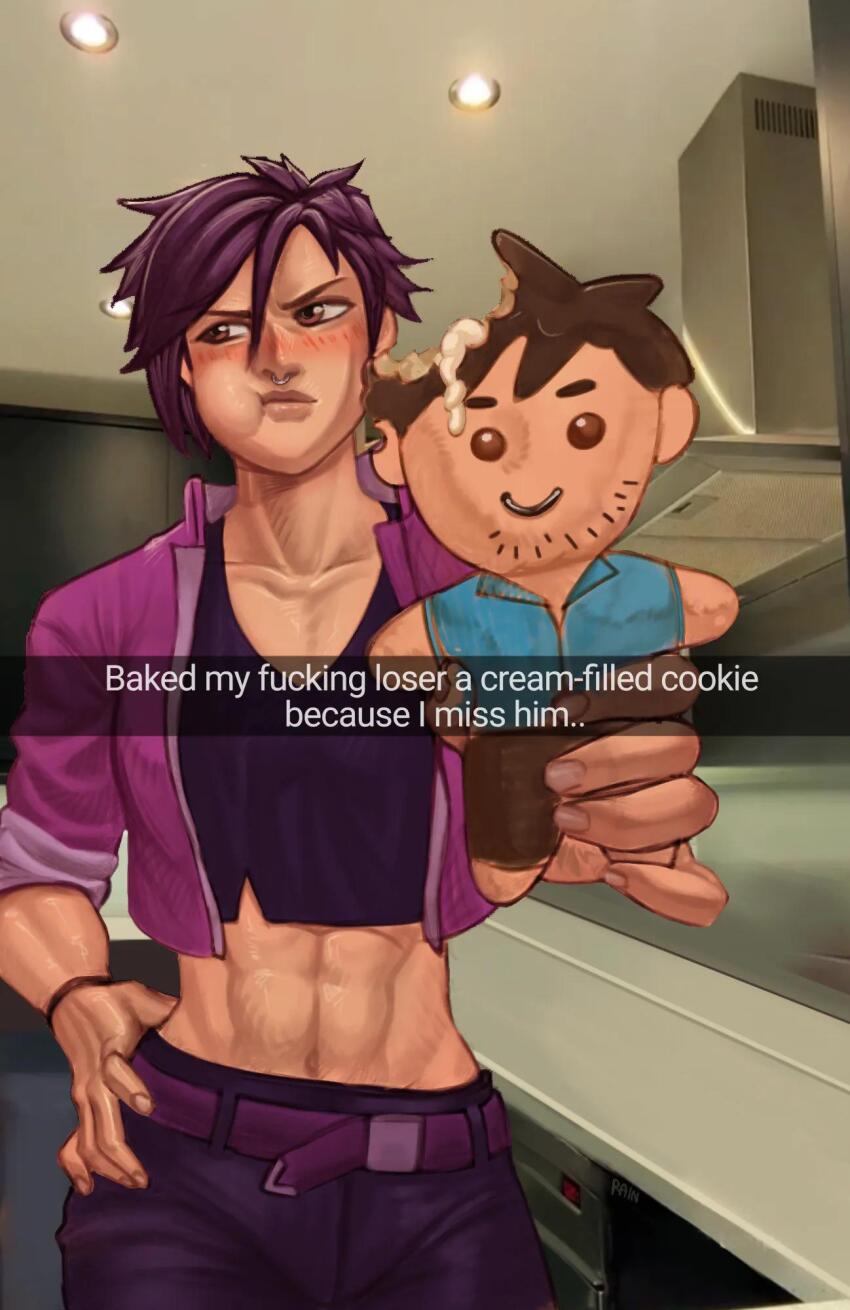 abs, belt, brown_eyes, dispatch, english_text, face_piercing, highres, invisigal_(dispatch), midriff, nose_piercing, piercing, raijin_(raijin_san3), short_hair