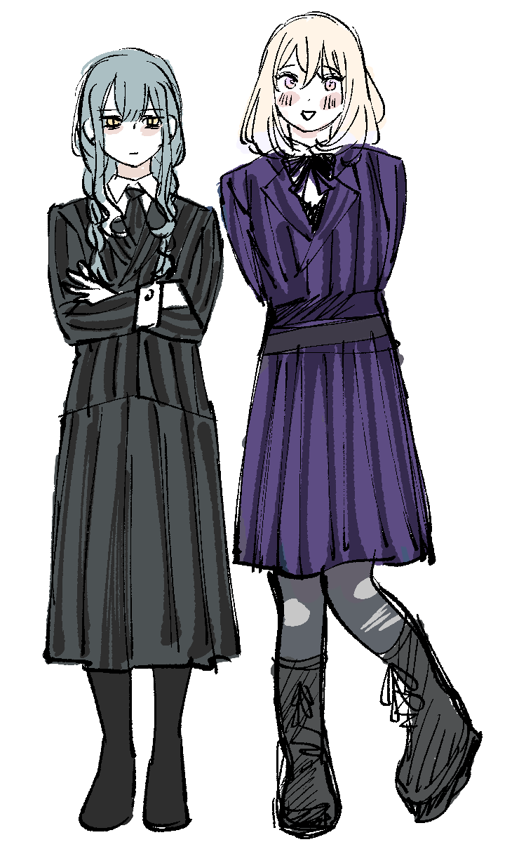 2girls, bang_dream!, bang_dream!_it's_mygo!!!!!, blonde_hair, blue_hair, blush_stickers, cosplay, crossed_arms