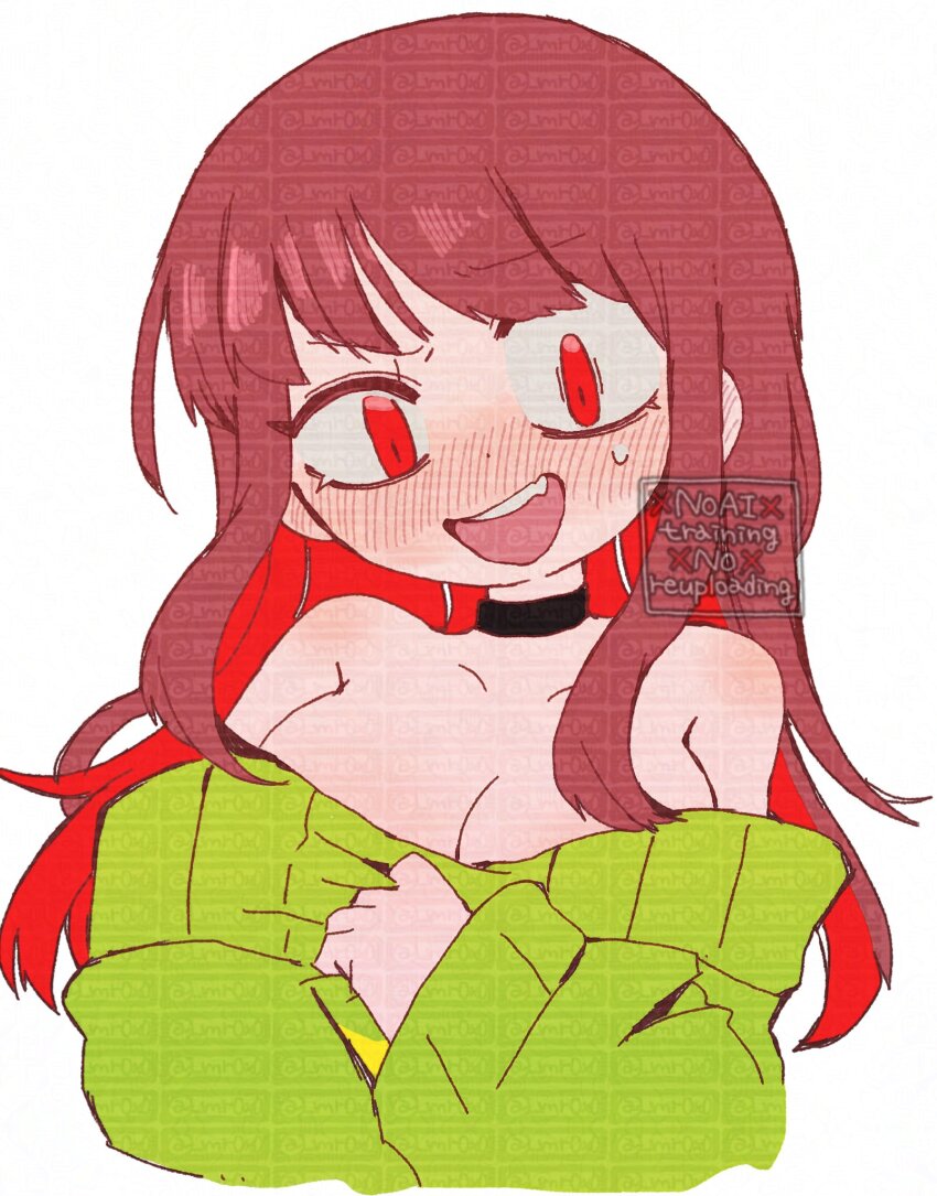 1girl, :d, aged_up, alternate_hair_length, alternate_hairstyle, bare_shoulders, black_choker, blush, breasts, brown_hair, chara_(undertale), choker, collarbone, colored_inner_hair, cropped_torso, fang, female_chara_(undertale), genderswap, genderswap_(otf), green_sweater, hand_up, highres, long_hair, long_sleeves, looking_at_viewer, medium_breasts, mr0x0, multicolored_hair, nose_blush, off-shoulder_sweater, off_shoulder, open_mouth, puffy_long_sleeves, puffy_sleeves, raised_eyebrow, red_eyes, red_hair, sidelocks, simple_background, smile, solo, striped_clothes, striped_sweater, sweater, teeth, too_many_watermarks, two-tone_hair, two-tone_sweater, undertale, uneven_eyes, upper_teeth_only, utdr_(toby_fox), watermark, white_background, yellow_sweater