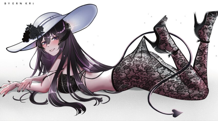 1girl, artist_name, black_bra, black_hair, black_horns, black_nails, bra, breasts, clothes_pull, the_dahlia_(honkai:_star_rail), demon_horns, demon_tail, ern_kri, fake_nails, fishnet_pantyhose, fishnets, hashtag-only_commentary, hat, high_heels, highres, honkai:_star_rail, honkai_(series), horns, lace_pantyhose_hooked_on_heel_(meme), large_breasts, long_hair, looking_at_viewer, lying, mole, mole_under_eye, nail_polish, on_stomach, pantyhose, pantyhose_pull, purple_eyes, simple_background, smile, solo, tail, underwear, very_long_hair, white_background, white_hat