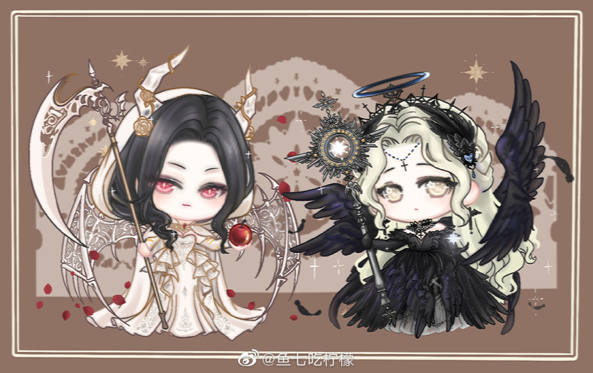 2girls, a_gloomy_start_(shining_nikki), angel_and_devil, angel_wings, apple, bare_shoulders, black_collar, black_dress