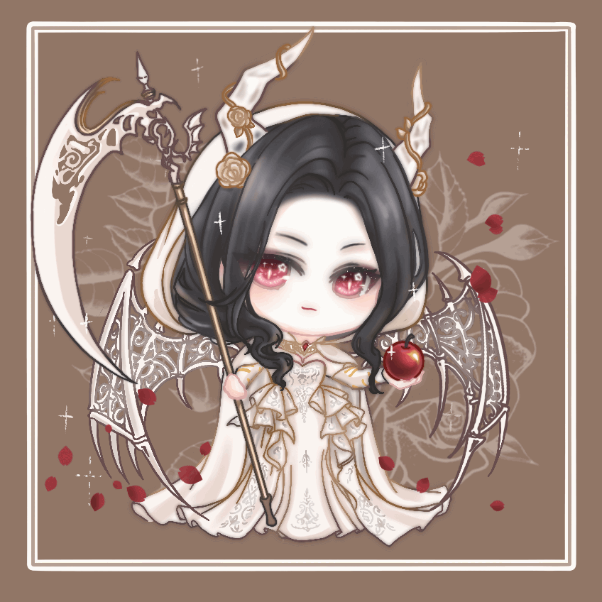 1girl, a_gloomy_start_(shining_nikki), animated, animated_gif, apple, bare_shoulders, black_hair, blinking, brown_background, chibi, chinese_commentary, cloak, closed_mouth, commentary_request, demon_girl, demon_horns, demon_wings, detached_sleeves, dress, eyelashes, floral_background, flower, food, forehead, frilled_dress, frills, fruit, gown, hair_over_shoulder, holding, holding_food, holding_fruit, holding_scythe, hood, hood_up, hooded_cloak, horns, light_blush, long_dress, long_hair, long_sleeves, looping_animation, nikki_(series), petals, picture_frame, pink_eyes, pleated_dress, print_dress, rose, rose_petals, scythe, shining_nikki, skeletal_wings, slit_pupils, smirk, smug, solo, sparkle, standing, strapless, strapless_dress, see-through_horns, tsurime, wavy_hair, white_cloak, white_dress, white_horns, white_sleeves, white_wings, wings, xiaoyu_qixing