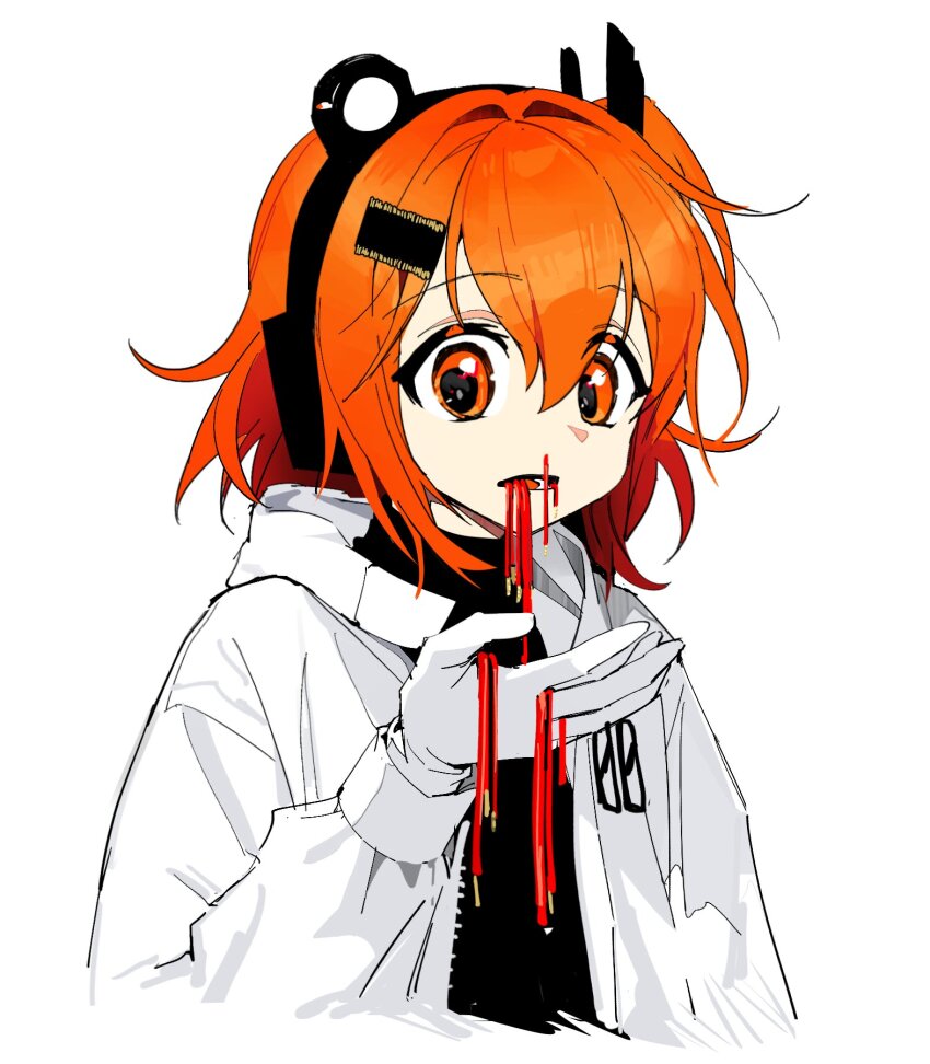 1girl, a.i._voice, adachi_rei, black_shirt, broken_cable, cable, cable_in_mouth, cropped_torso