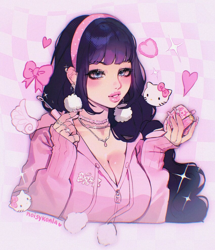 1girl, aegyo_sal, arms_up, artist_name, black_hair, blue_eyes, bratz, breasts