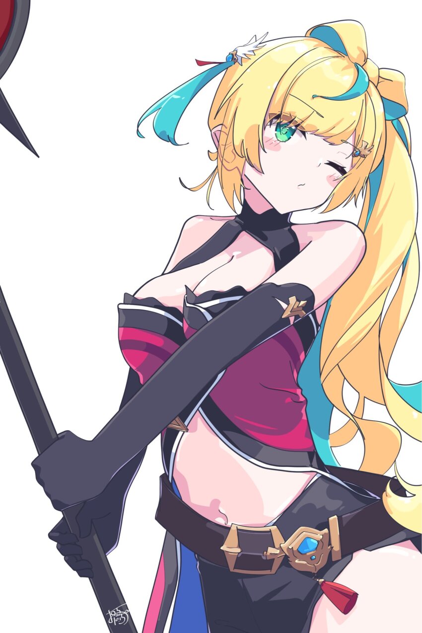 1girl, aqua_hair, axe, bare_shoulders, battle_axe, belt, belt_buckle, black_gloves