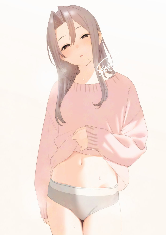 1girl, adversarial_noise, alternate_costume, blush, brown_eyes, brown_hair, clothes_lift, commentary_request, cowboy_shot, grey_panties, hair_between_eyes, hair_down, kantai_collection, lifting_own_clothes, long_hair, long_sleeves, looking_at_viewer, navel, panties, parted_lips, pink_sweater, sakiecho, shirt_lift, sidelocks, signature, simple_background, sleeves_past_wrists, solo, standing, steam, stomach, sweat, sweater, thighs, underwear, white_background, wilting, zuihou_(kancolle)