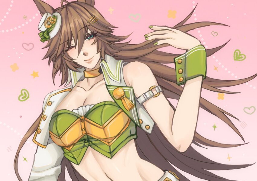 1girl, ahoge, animal_ears, arm_strap, asymmetrical_jacket, blue_eyes, blush, breasts, brown_hair, choker, cleavage, closed_mouth, cropped_jacket, green_shirt, hair_between_eyes, hair_ornament, hairclip, hat, heart, highres, horse_ears, horse_girl, jacket, large_breasts, long_hair, long_sleeves, looking_at_viewer, midriff, mini_hat, mini_top_hat, mr._c.b._(clear_bliss)_(umamusume), mr._c.b._(umamusume), navel, one_eye_closed, pants, shirt, single_bare_shoulder, single_sleeve, single_wrist_cuff, smile, solo, strapless, strapless_shirt, sunny_pretzel, top_hat, umamusume, upper_body, white_hat, white_jacket, white_pants, wrist_cuffs, yellow_choker