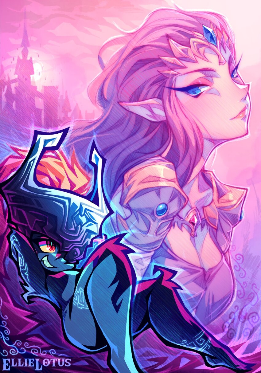 2girls, armor, blue_eyes, breasts, brown_hair, castle, circlet, cleavage