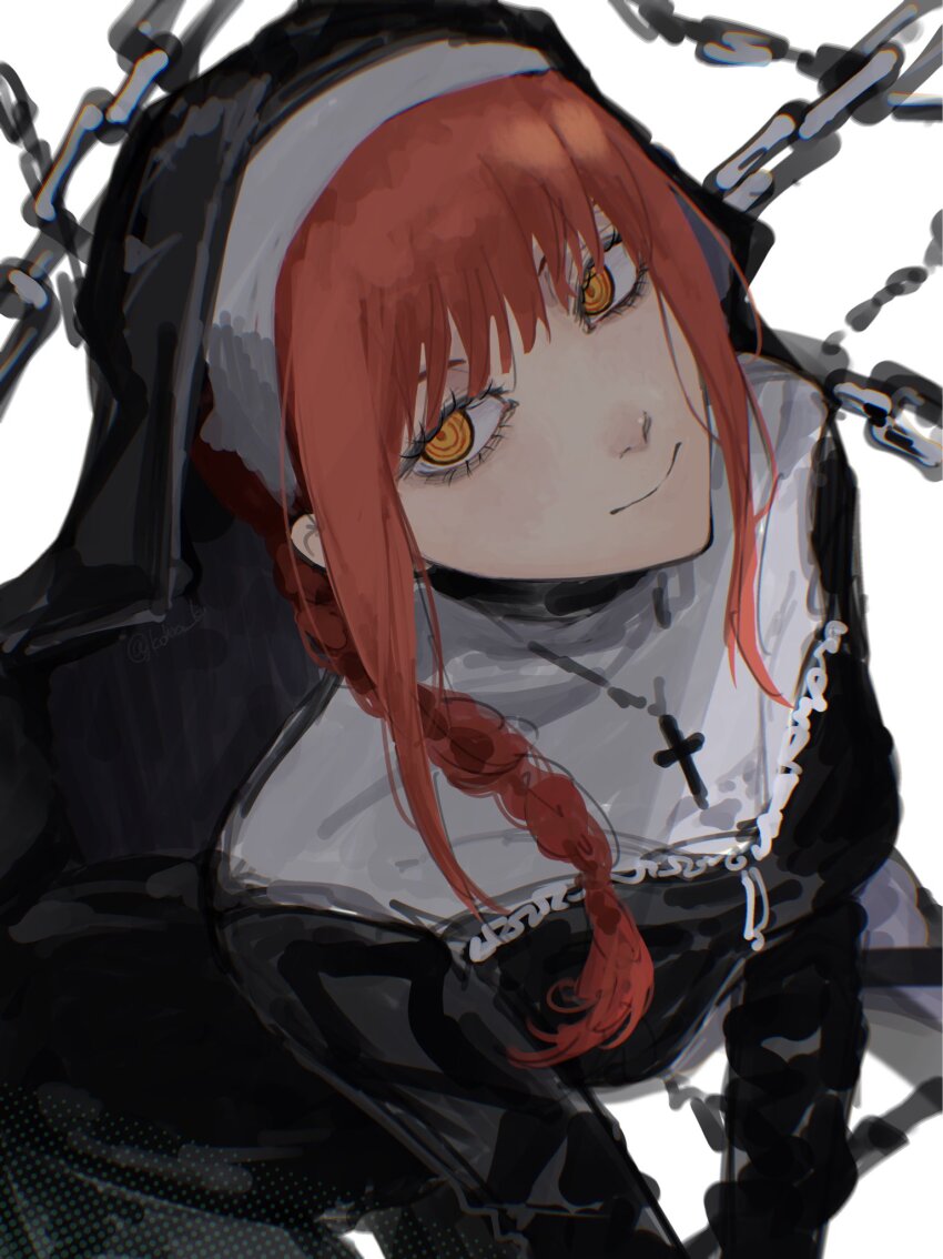 1girl, alternate_costume, black_dress, braid, chain, chainsaw_man, closed_mouth, cross