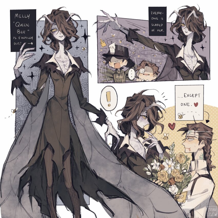 !, ..., 1girl, 3boys, :p, antennae, arthropod_girl, bee