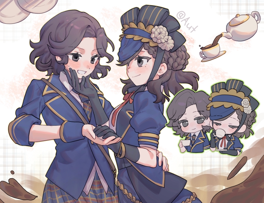 2girls, absurdres, artist_request, black_eyes, black_gloves, black_hair, blue_jacket, blue_skirt, blush, braid, brown_hair, chibi, chibi_inset, closed_eyes, closed_mouth, coffee, collared_shirt, commission, cup, elbow_gloves, flower, gloves, grin, hand_on_another's_face, hand_on_another's_waist, hat, highres, holding, holding_cup, holding_hands, identity_v, jacket, looking_at_another, margaretha_zelle, margaretha_zelle_(swan), mole, mole_under_eye, multiple_girls, multiple_views, neck_ribbon, necktie, nervous_smile, plaid_clothes, plaid_skirt, puffy_short_sleeves, puffy_sleeves, red_ribbon, ribbon, second-party_source, shirt, short_hair, short_sleeves, skirt, smile, sweat, teacup, vera_nair, vera_nair_(regal_maiden), white_background, white_shirt, wrist_cuffs, yuri