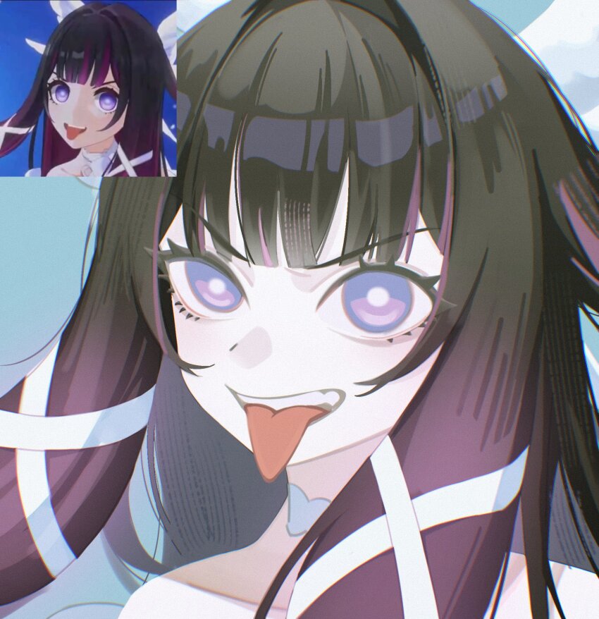 1girl, big_itachi, black_hair, columbina_(genshin_impact), game_screenshot_inset, genshin_impact, gradient_hair, hair_ornament, head_wings, highres, long_hair, looking_at_viewer, multicolored_hair, purple_eyes, purple_hair, solo, tongue, tongue_out, very_long_hair, wings