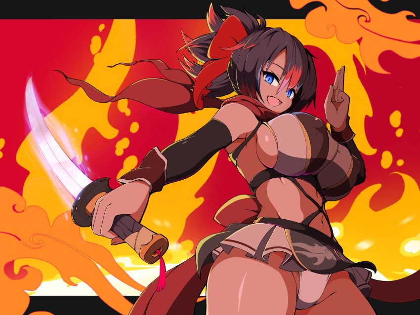 1girl, absurdres, arm_guards, black_hair, blue_eyes, bow, breasts, colored_tips