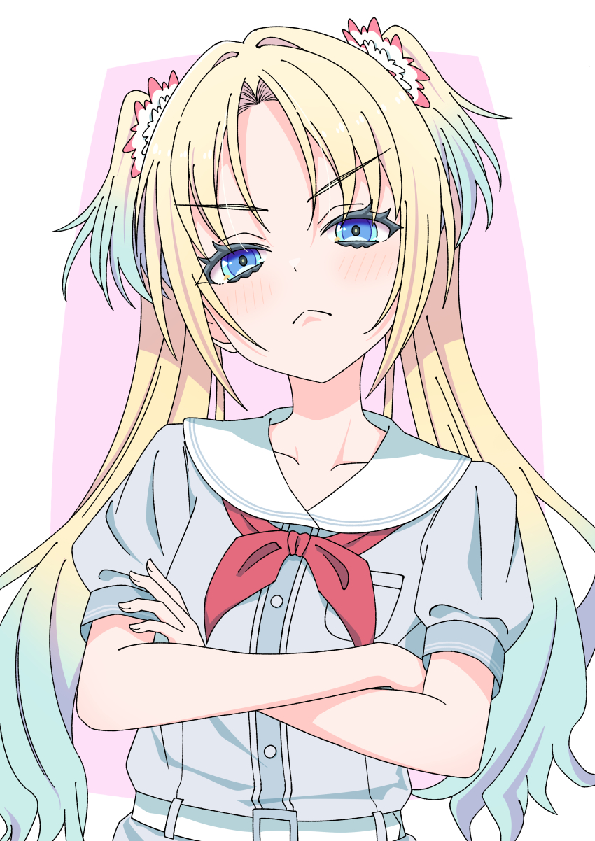 >:(, 1girl, absurdres, blonde_hair, blue_dress, blue_hair, blush, border