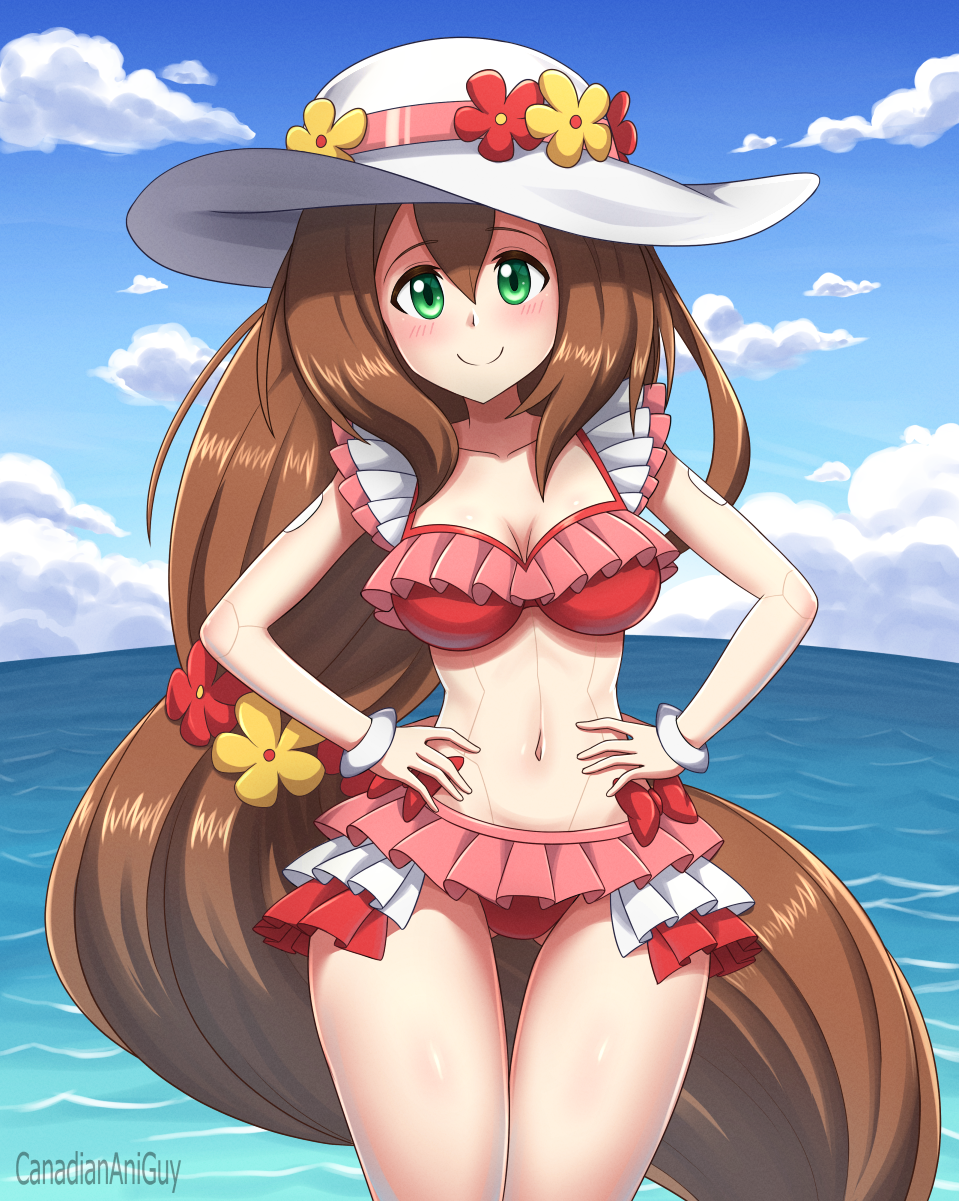 1girl, android, bikini, blue_sky, blush, bracelet, breasts, brown_hair