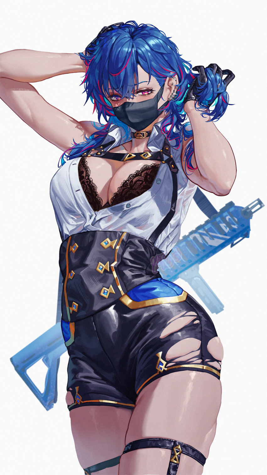 1girl, absurdres, arms_up, assault_rifle, black_bra, black_choker, black_gloves, black_mask