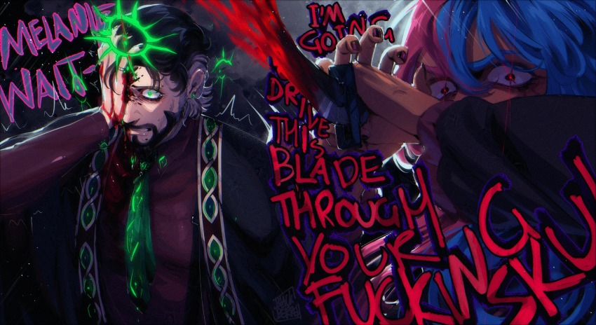 1boy, 1girl, absurdres, beard, black_hair, blackberreh-art, blood, blood_on_face