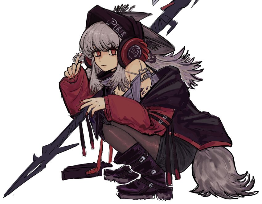 animal_ears, arknights, beanie, behind-the-head_headphones, black_hat, ears_through_headwear, fox_ears, fox_girl