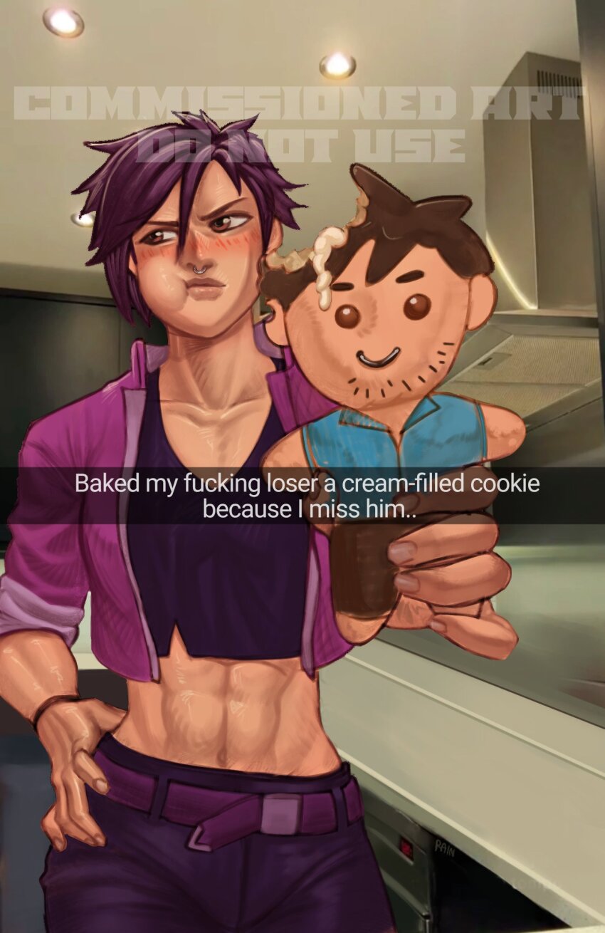 1girl, abs, baking_my_long_distance_bf_into_a_cookie_because_i_miss_him_(meme), belt, blush, brown_eyes, ceiling_light, chewing, cookie, dispatch, eating, food, hand_on_own_hip, highres, invisigal_(dispatch), kitchen, looking_to_the_side, meme, photo_background, purple_hair, raijin_(raijin_san3), robert_robertson, short_hair, snapchat, solo, toned, wristband