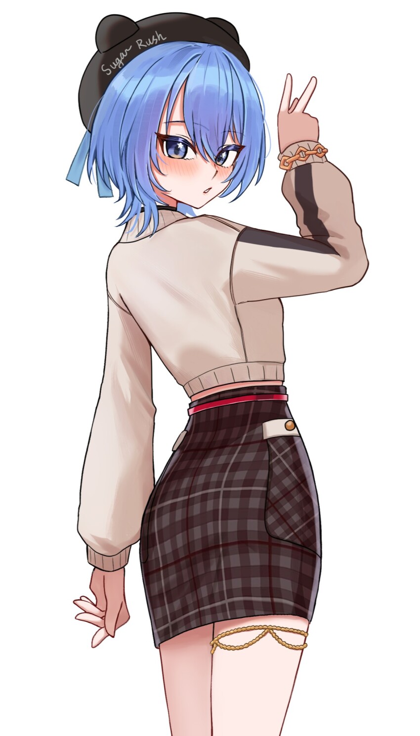 1girl, beret, black_hat, blue_eyes, blue_hair, brown_skirt, chrispy_tuna, commentary