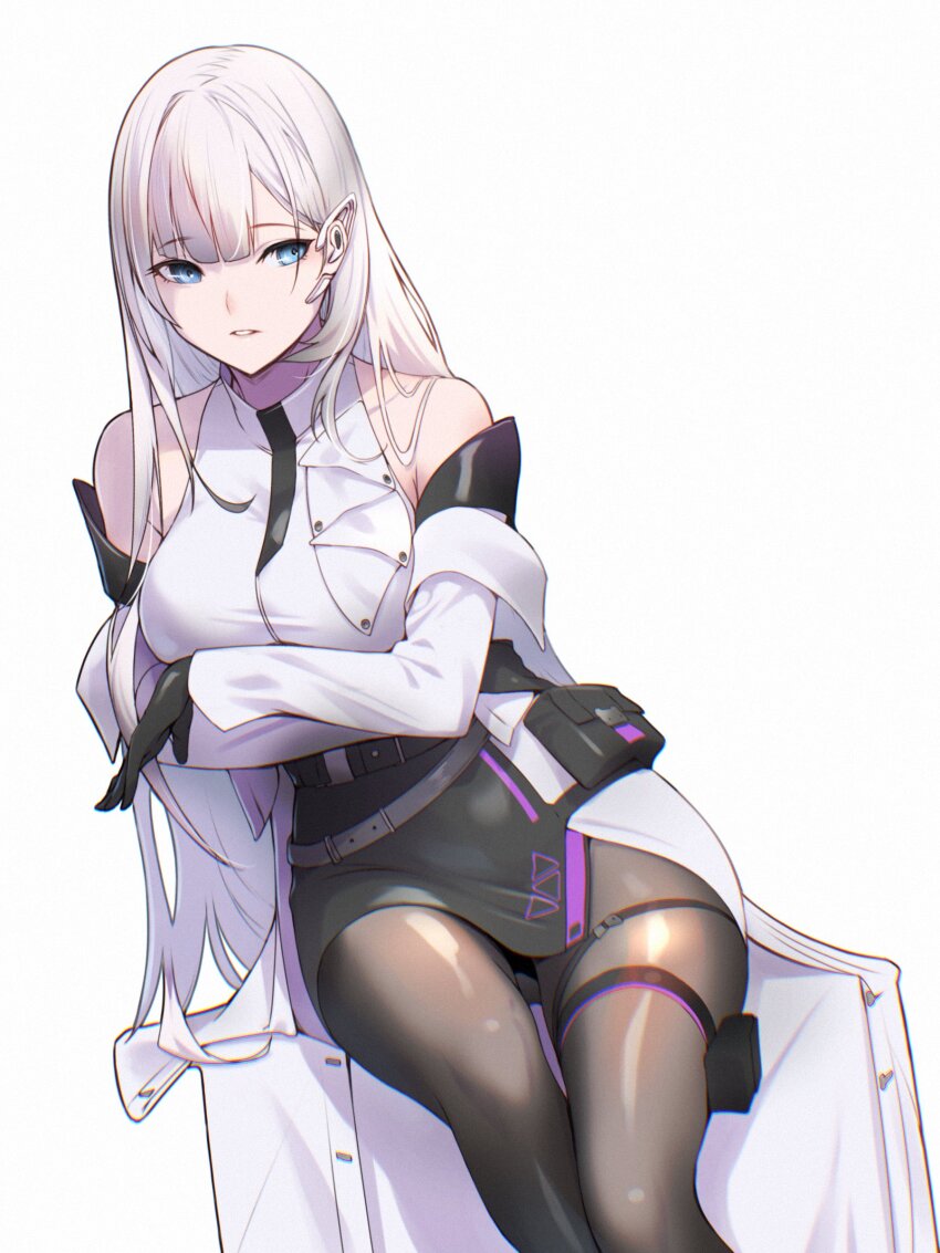 1girl, absurdres, bare_shoulders, belt, belt_pouch, black_gloves, blue_eyes, breasts