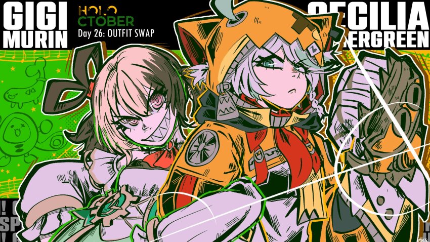 2girls, :<, ahoge, ascot, brown_hair, cecilia_immergreen, cecilia_immergreen_(1st_costume), character_name