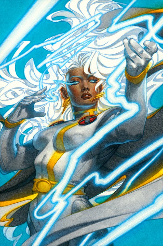 1girl, acrylic_paint_(medium), black_bodysuit, blue_background, blue_eyes, bodysuit, breasts, colored_pencil_(medium)