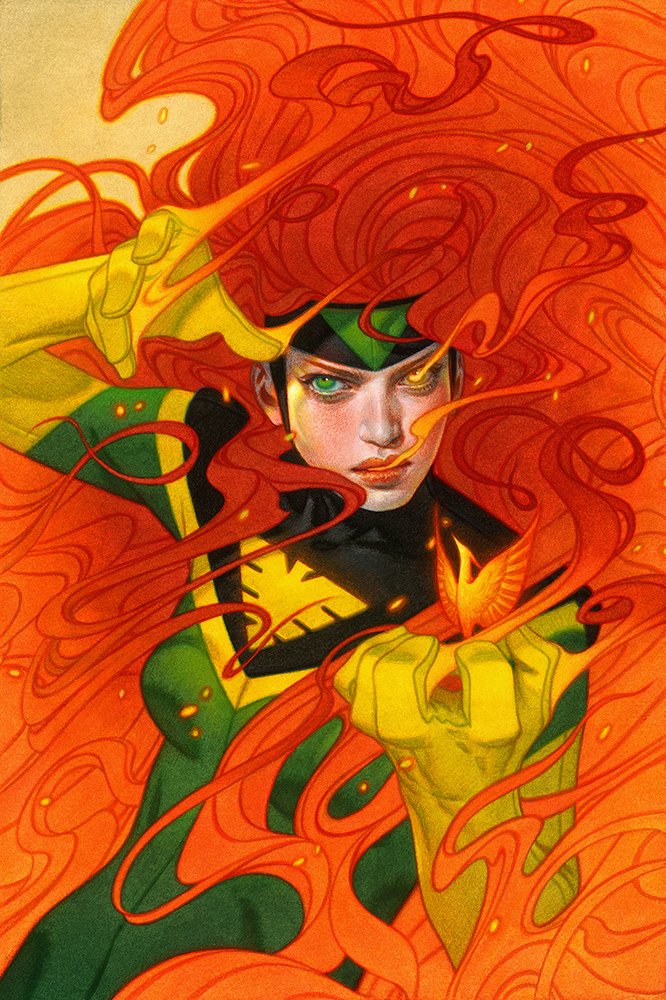 1girl, acrylic_paint_(medium), bird, bodysuit, breasts, clenched_hand, colored_pencil_(medium), flaming_eye, flaming_hand, flaming_mouth, forehead_protector, gloves, green_bodysuit, green_eyes, jean_grey, long_hair, marvel, medium_breasts, my_name_is_tran, official_art, painting_(medium), phoenix, phoenix_(x-men), red_hair, solo, superhero_costume, traditional_media, upper_body, very_long_hair, x-men, yellow_gloves