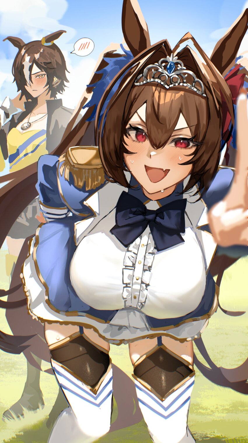 2girls, absurdres, animal_ears, black_boots, black_jacket, black_shorts, blue_bow, blue_jacket