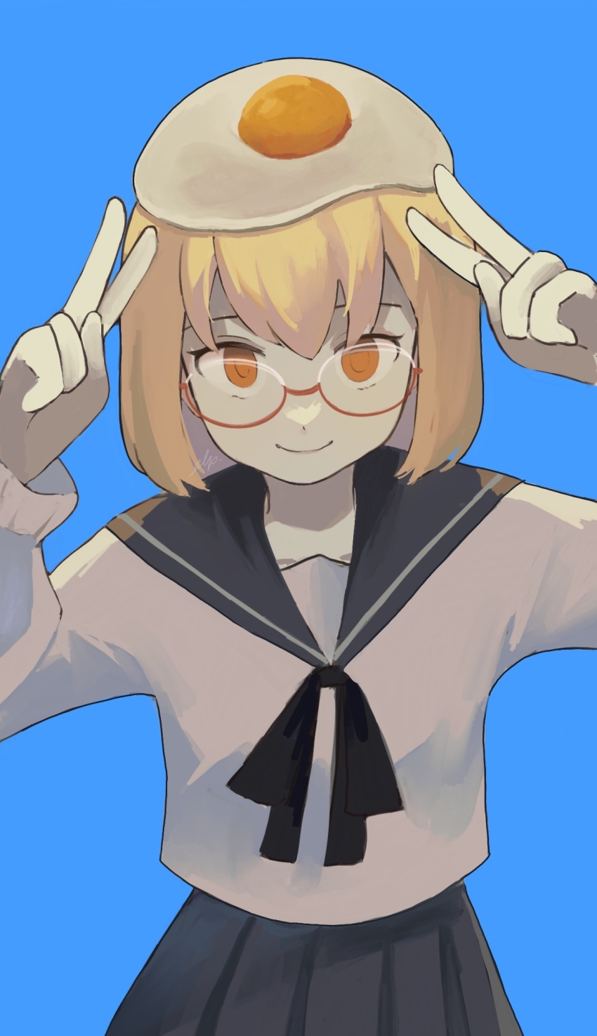 1girl, black_neckerchief, black_sailor_collar, black_skirt, blonde_hair, double_v, erufw, food, food_on_head, fried_egg, glasses, highres, looking_at_viewer, neckerchief, object_on_head, orange_eyes, red-framed_eyewear, sailor_collar, school_uniform, shimeji_simulation, shirt, short_hair, simple_background, skirt, smile, v, white_shirt, yamashita_majime