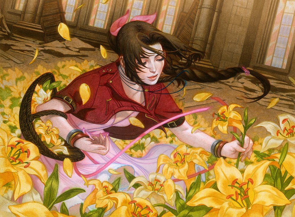 1girl, acrylic_paint_(medium), aerith_gainsborough, bangle, basket, bracelet, braid, braided_ponytail, breasts, brick_wall, brown_hair, choker, church, closed_eyes, closed_mouth, colored_pencil_(medium), cropped_jacket, dress, falling_petals, final_fantasy, final_fantasy_vii, final_fantasy_vii_remake, flower, flower_basket, flower_bed, flower_choker, hair_ribbon, holding, holding_basket, holding_flower, indoors, jacket, jewelry, lily_(flower), long_dress, long_hair, magic:_the_gathering, medium_breasts, my_name_is_tran, official_art, painting_(medium), parted_bangs, petals, pink_dress, pink_ribbon, red_jacket, ribbon, short_sleeves, sidelocks, single_braid, sitting, solo, traditional_media, window, yellow_flower, yellow_petals