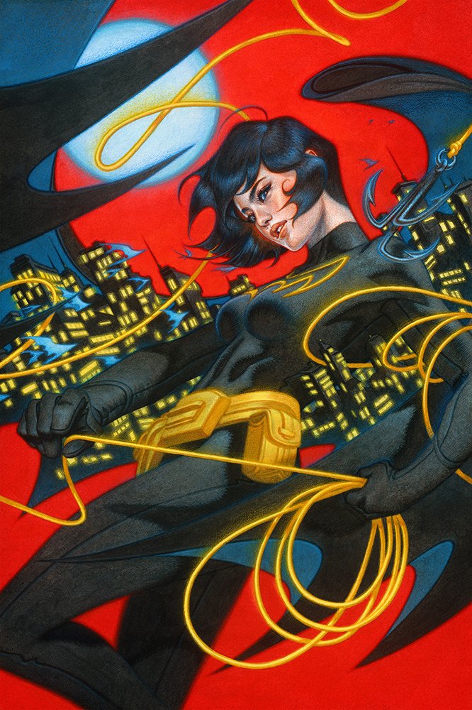 1girl, acrylic_paint_(medium), batgirl, belt, black_bodysuit, black_gloves, black_hair, bodysuit, breasts, cassandra_cain, city_lights, colored_pencil_(medium), cowboy_shot, dc_comics, feet_out_of_frame, full_moon, gloves, gold_belt, holding_lasso, lasso, medium_breasts, moon, my_name_is_tran, painting_(medium), parted_lips, red_background, short_hair, solo, superhero_costume, traditional_media, turtleneck, turtleneck_bodysuit