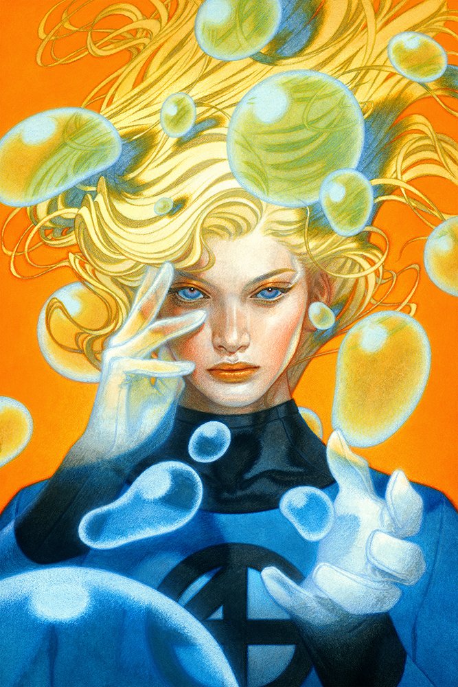 1girl, acrylic_paint_(medium), blonde_hair, blue_bodysuit, blue_eyes, bodysuit, breasts, bubble