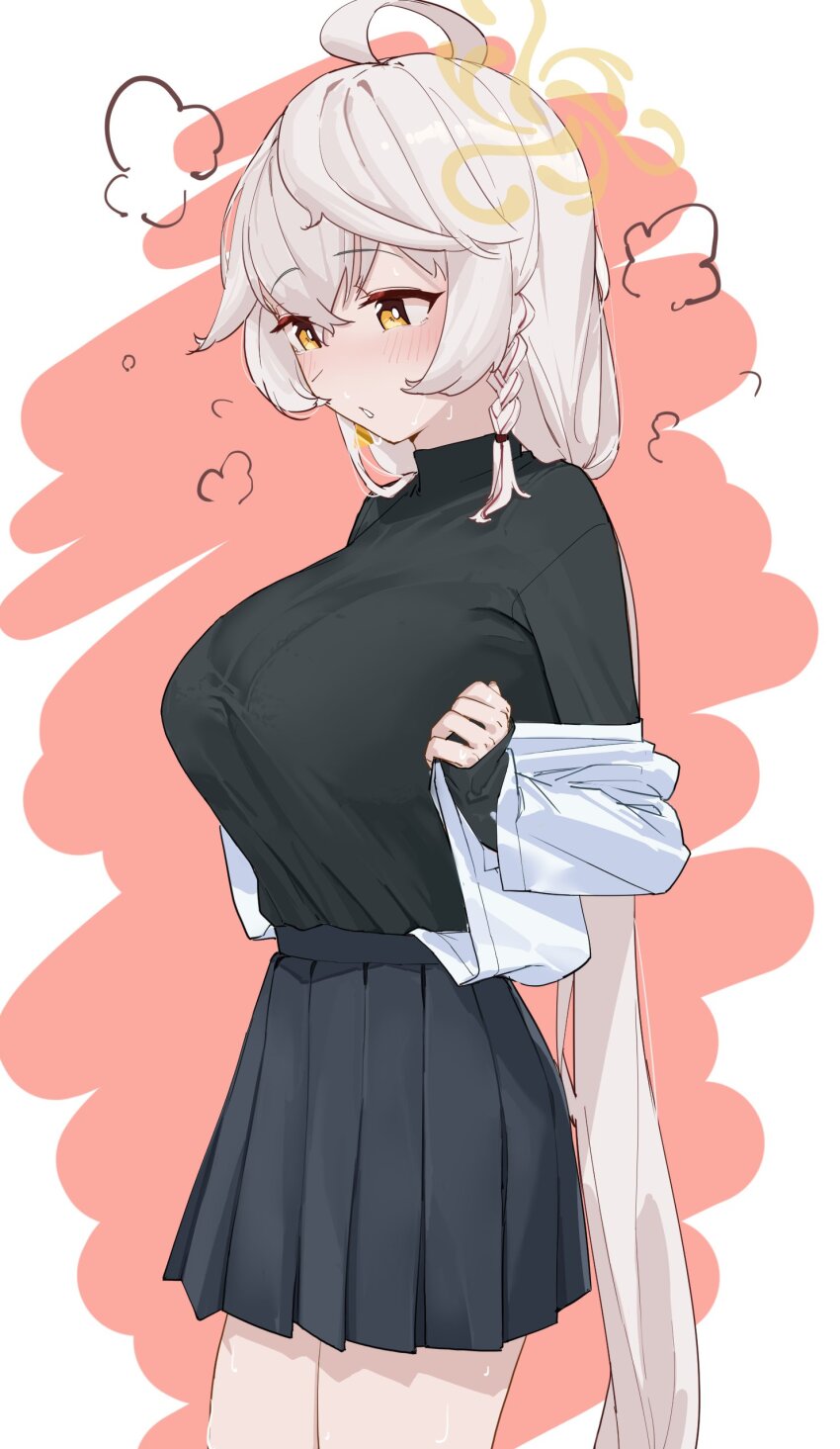 1girl, absurdres, ahoge, black_scrunchie, black_shirt, black_skirt, blue_archive, blush