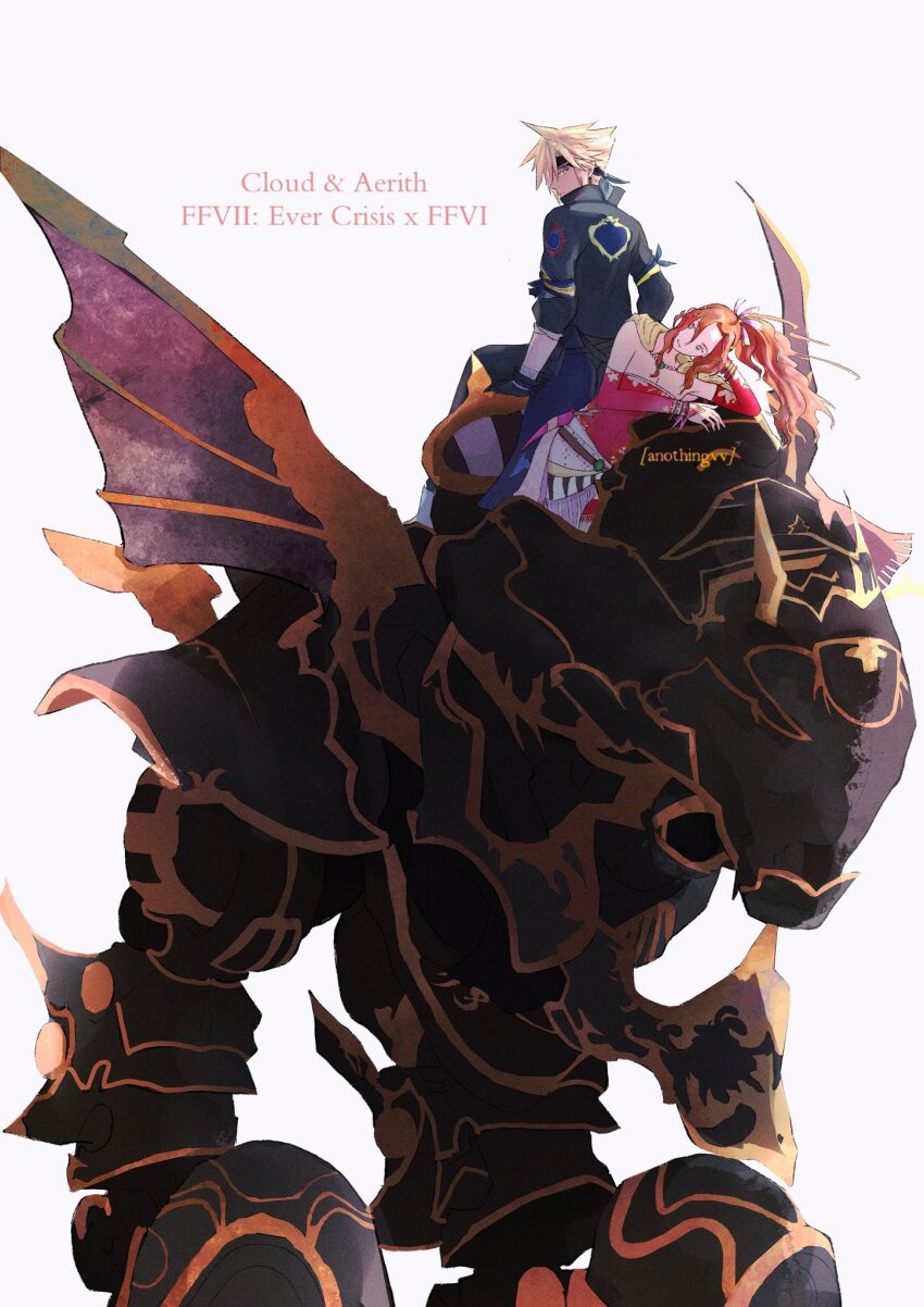 1boy, 1girl, aerith_gainsborough, aerith_gainsborough_(terra's_garb), anothingvv, arm_up, artist_name, black_gloves, black_jacket, black_pants, blonde_hair, breasts, brown_hair, cape, character_name, cloud_strife, cloud_strife_(locke's_outfit), copyright_name, cosplay, detached_sleeves, dress, final_fantasy, final_fantasy_vii, final_fantasy_vii:_ever_crisis, gloves, hair_ribbon, head_on_hand, headband, highres, jacket, locke_cole, locke_cole_(cosplay), long_hair, magitek_armor, medium_breasts, official_alternate_costume, pants, parted_bangs, ponytail, red_dress, red_sleeves, ribbon, sash, short_dress, short_hair, spiked_hair, strapless, strapless_dress, terra_branford_(cosplay), tina_branford, tube_dress, waist_sash, white_background, yellow_cape