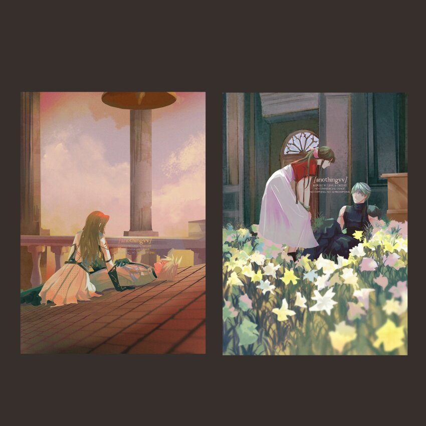 2boys, 2girls, aerith_gainsborough, aerith_gainsborough_(cosplay), alternate_universe, anothingvv, armor, artist_name