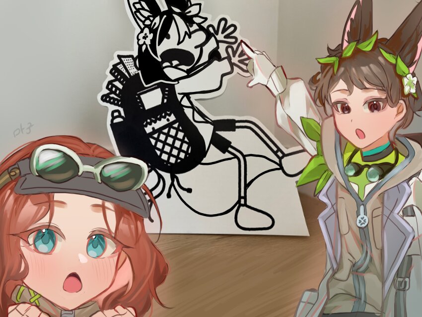 1girl, 2boys, absurdres, actor_connection, animal_ear_fluff, animal_ears, animification, backpack