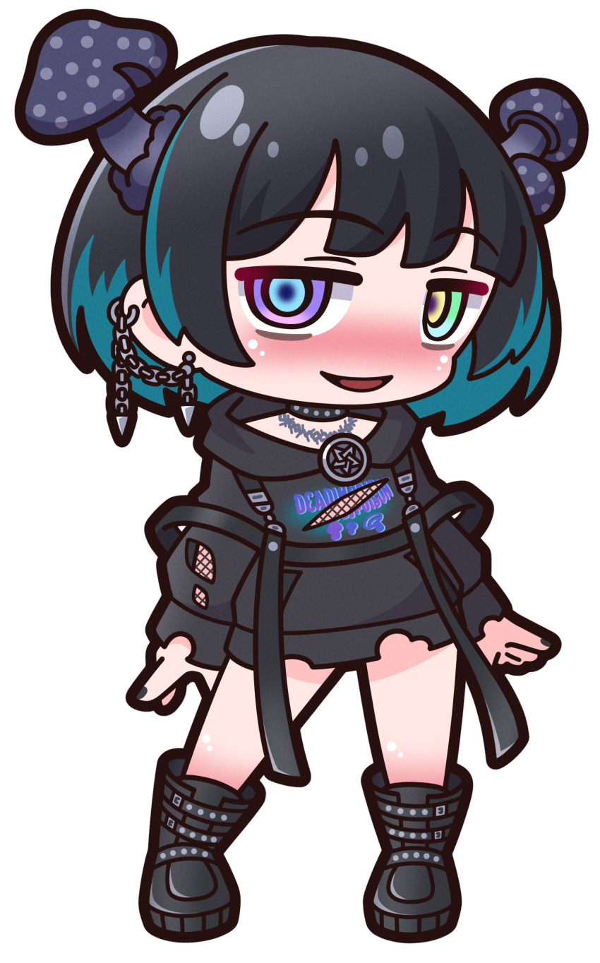 1girl, :d, absurdres, black_boots, black_hair, black_hoodie, blue_eyes, blue_hair