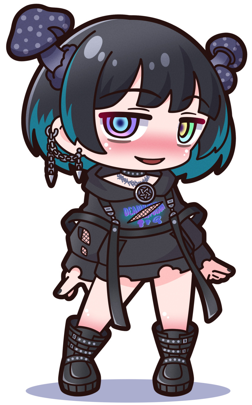 1girl, :d, absurdres, black_boots, black_hair, black_hoodie, blue_eyes, blue_hair