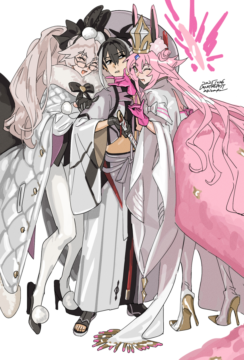 3girls, akiraka_(n_l_m_g), animal_ear_hairband, animal_ears, black_bow, black_eyes, black_gloves, black_hair, black_shirt, black_shoes, boots, bow, bullet, closed_eyes, coat, commentary, crop_top, double_bun, double_fox_shadow_puppet, dual_persona, ear_piercing, fake_animal_ears, fate/grand_order, fate_(series), fox_shadow_puppet, full_body, fur-trimmed_coat, fur_trim, girl_sandwich, glasses, gloves, hair_between_eyes, hair_bun, hairband, hakama, hand_on_another's_arm, hand_on_another's_chin, haori, hat, high_heel_boots, high_heels, highres, holding, holding_sword, holding_weapon, japanese_clothes, katana, kawakami_gensai_(fate), kawakami_gensai_(third_ascension)_(fate), koyanskaya_(assassin)_(second_ascension)_(fate), koyanskaya_(assassin)_(third_ascension)_(fate), koyanskaya_(fate), long_hair, long_sleeves, looking_at_another, looking_at_viewer, multicolored_hair, multiple_girls, one_eye_closed, open-toe_shoes, open_clothes, open_coat, open_mouth, padded_coat, pantyhose, piercing, pink_gloves, pink_hair, pink_tail, rabbit_ear_hairband, rabbit_ears, sandwiched, shirt, shoes, simple_background, smile, standing, streaked_hair, sword, tail, tiptoes, twintails, weapon, white_background, white_boots, white_coat, white_hair, white_hakama, white_hat, white_pantyhose, white_shirt, wide_sleeves, yellow_eyes