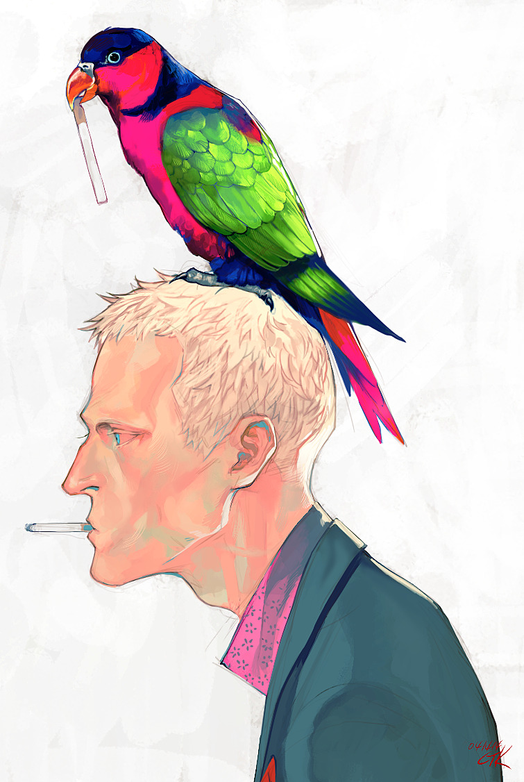 1boy, animal, animal_on_head, bird, black_suit, blonde_hair, blue_eyes, cigarette